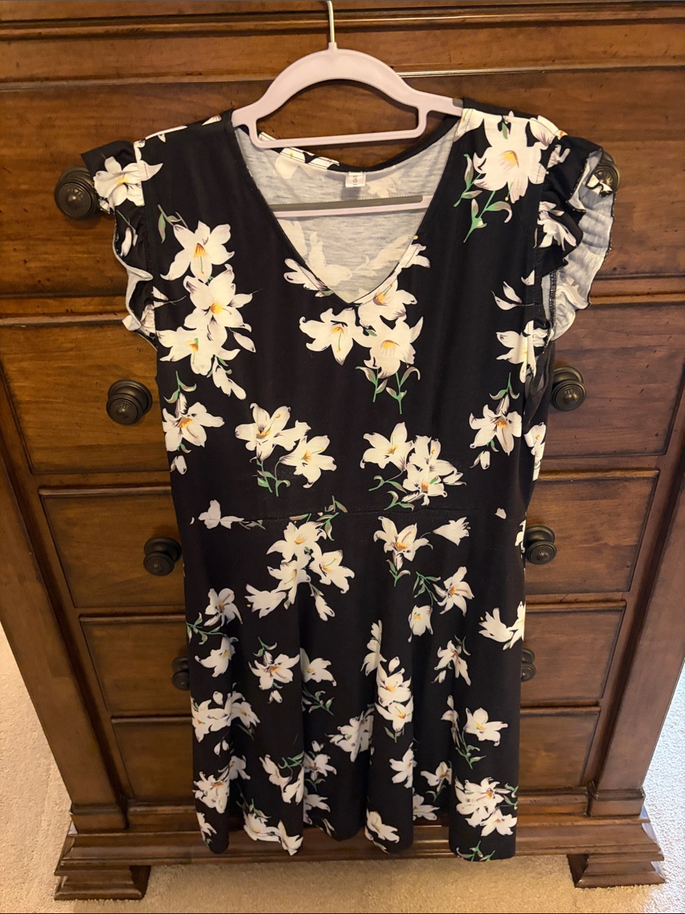 Floral V-Neck Black Dress with White Lily Print